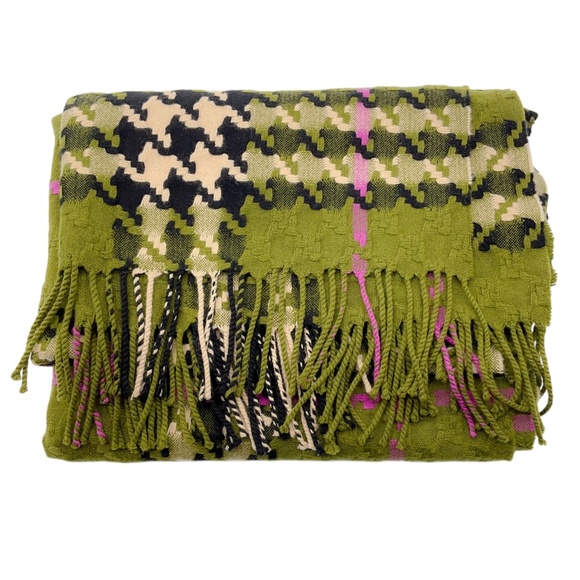 BURBERRY OLIVE GREEN / MAGENTA MULTI FRINGED HOUNDSTOOTH PLAID CHECK MERINO WOOL - Picture 5 of 6
